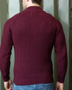 Mens Fisherman Sweaters|Mens Knitwear*Sweater Shop Men's half zip ribbed sweater Berry