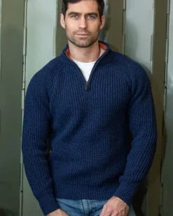 Mens Knitwear*Sweater Shop Men's half zip ribbed sweater Deep Water Blue