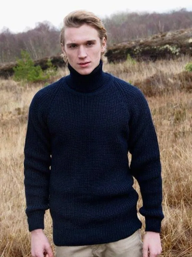 Mens Fisherman Sweaters|Mens Knitwear*Sweater Shop Mens Rib Roll Neck Navy