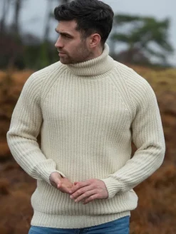 Mens Knitwear|Mens Fisherman Sweaters*Sweater Shop Men's Rib Roll Neck Sweater Natural