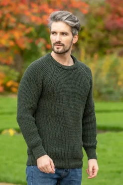Mens Fisherman Sweaters|Mens Knitwear*Sweater Shop Mens Ribbed Crew Neck Sweater Green