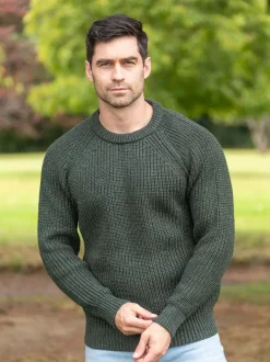 Mens Fisherman Sweaters|Mens Knitwear*Sweater Shop Mens Ribbed Crew Neck Sweater Green