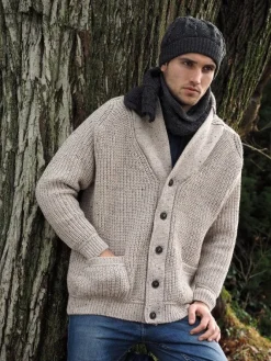 Mens Aran Cardigans*Sweater Shop Men's Ribbed Shawl Neck Merino Wool Cardigan