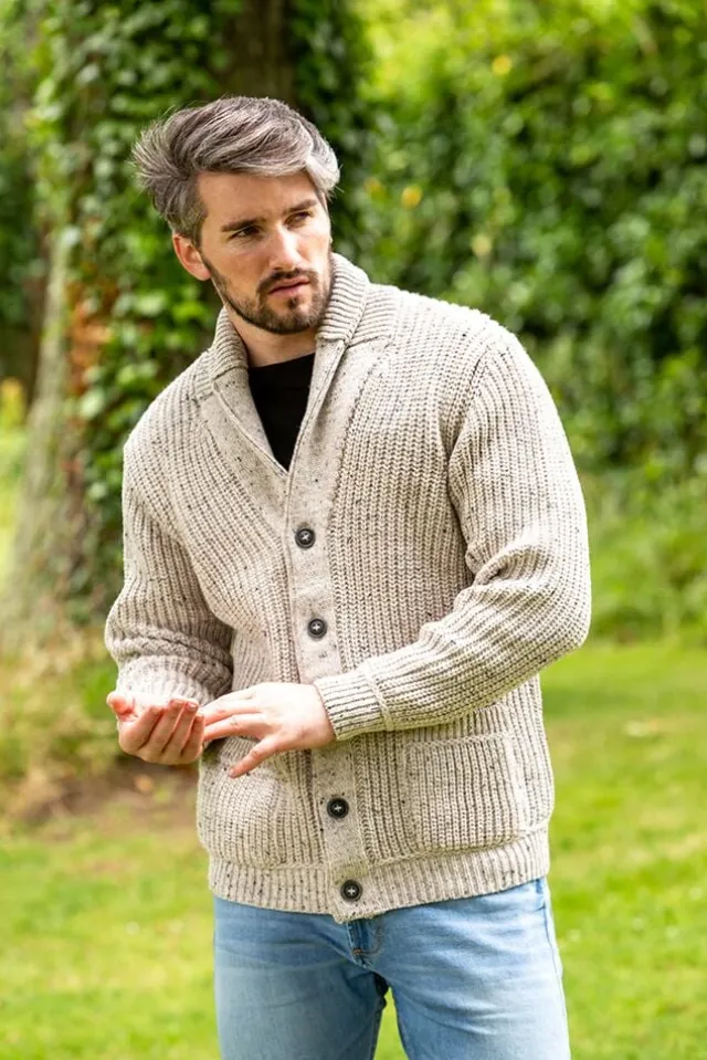 Mens Aran Cardigans*Sweater Shop Men's Ribbed Shawl Neck Merino Wool Cardigan