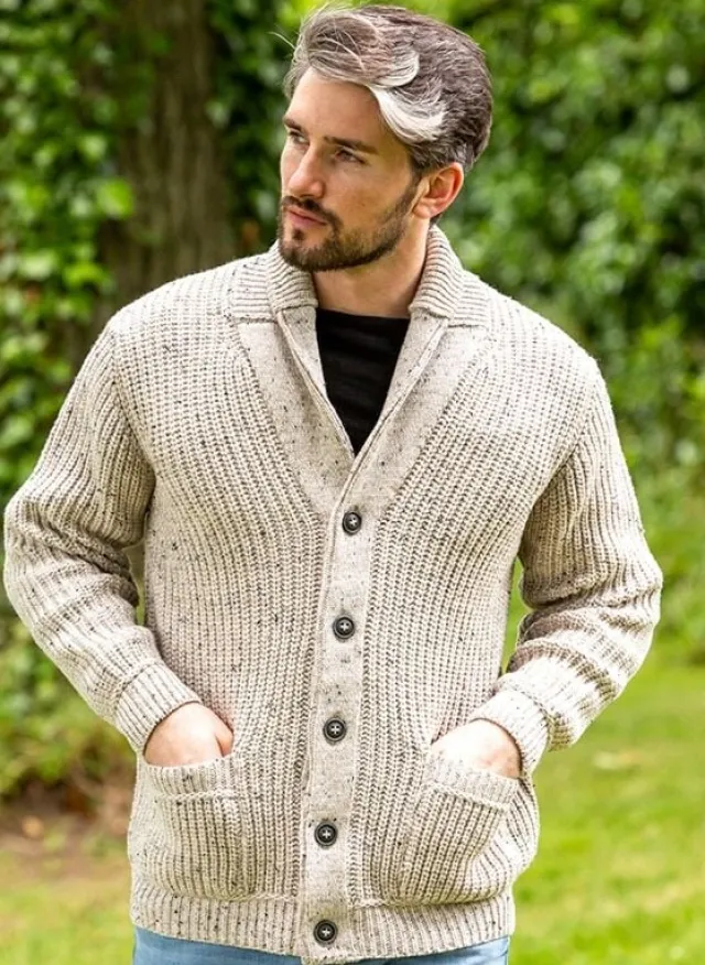 Mens Aran Cardigans*Sweater Shop Men's Ribbed Shawl Neck Merino Wool Cardigan