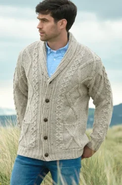 Mens Aran Cardigans|Mens Knitwear*Sweater Shop Men's Shawl Collar Aran Cable Stitch Cardigan