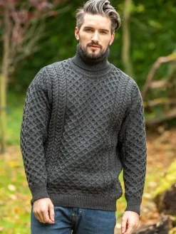 Mens Fisherman Sweaters|Mens Knitwear*Sweater Shop Men's Traditional Aran Turtleneck Sweater