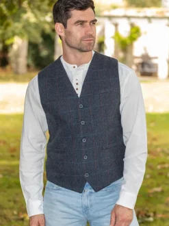 Mens Grandfather Shirts|Mens Waistcoats*Sweater Shop Mens Tweed Waistcoat Blue Overcheck