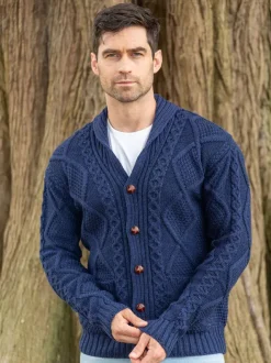 Mens Aran Cardigans|Mens Knitwear*Sweater Shop Men's V Neck Aran Cardigan Deep Water Blue