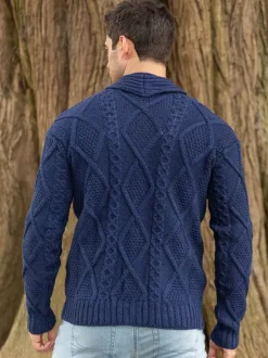 Mens Aran Cardigans|Mens Knitwear*Sweater Shop Men's V Neck Aran Cardigan Deep Water Blue