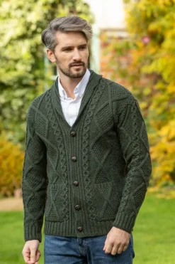 Mens Aran Cardigans|Mens Knitwear*Sweater Shop Mens V Neck Cardigan Army Green