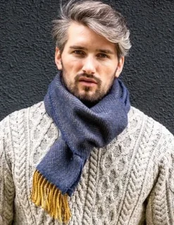 Wool Cashmere*Sweater Shop Men's Wool and Cashmere Navy/Mustard Herringbone Scarf 2433