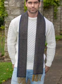 Wool Cashmere*Sweater Shop Men's Wool and Cashmere Navy/Mustard Herringbone Scarf 2433