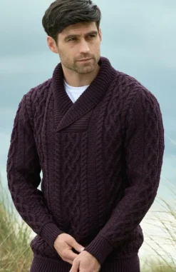 Mens Fisherman Sweaters|Mens Knitwear*Sweater Shop Merino Shawl Neck Damson