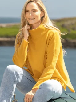 Designer Knitwear|Womens Irish Knitwear*Sweater Shop Merino Wool & Cashmere High Neck Sweater Mustard