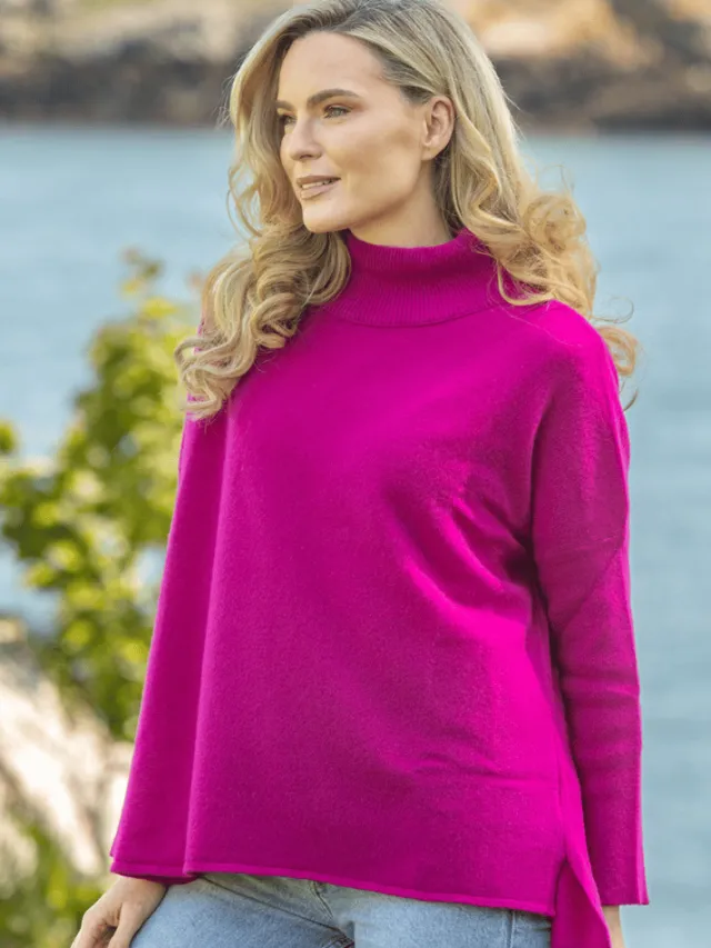 Designer Knitwear|Womens Irish Knitwear*Sweater Shop Merino Wool & Cashmere High Neck Sweater Magenta