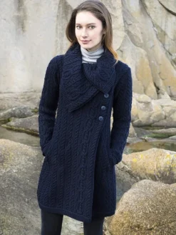 Womens Aran & Tweed Coats|Womens Irish Knitwear*Sweater Shop Merino Wool Aran Coatigan Navy