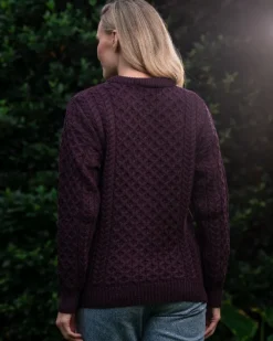Womens Irish Knitwear|Womens Aran Fisherman Sweaters*Sweater Shop Merino Wool Aran Sweater Damson - Unisex