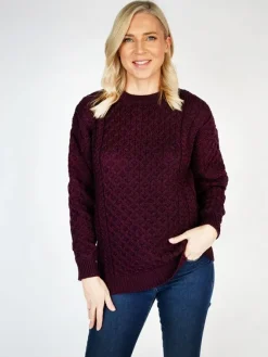 Womens Irish Knitwear|Womens Aran Fisherman Sweaters*Sweater Shop Merino Wool Aran Sweater Damson - Unisex