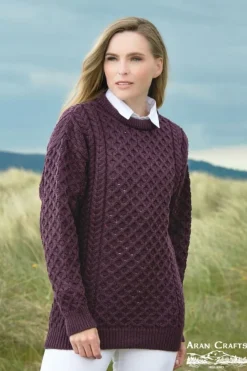 Womens Irish Knitwear|Womens Aran Fisherman Sweaters*Sweater Shop Merino Wool Aran Sweater Damson - Unisex