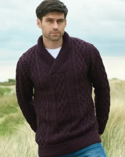 Mens Fisherman Sweaters|Mens Knitwear*Sweater Shop Merino Wool Shawl Neck Damson