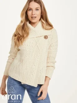 Womens Irish Knitwear|Ladies Cardigans*Sweater Shop One Button Aran Ladies Cardigan