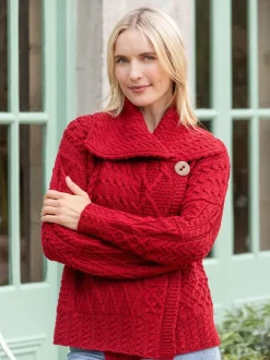Womens Irish Knitwear|Ladies Cardigans*Sweater Shop One Button Aran Patchwork Cardigan Red