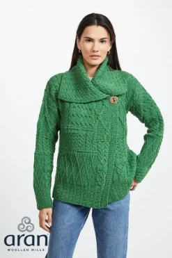 Womens Irish Knitwear|Ladies Cardigans*Sweater Shop One Button Patchwork Cardigan Kelly green