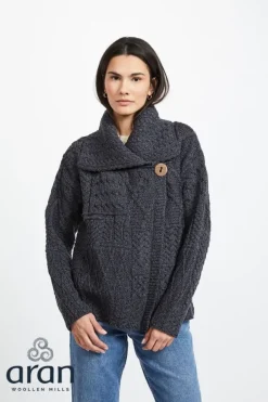 Ladies Cardigans*Sweater Shop One Button Patchwork Cardigan Charcoal