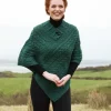 Ladies Aran Ponchos & Capes*Sweater Shop One Size Cable Knit Poncho with Buttons Green Marl