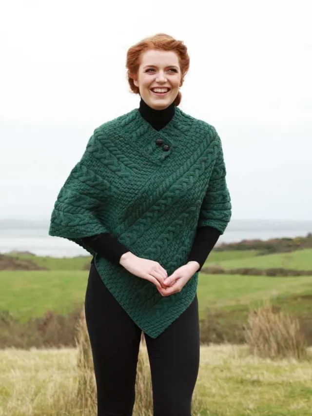 Ladies Aran Ponchos & Capes*Sweater Shop One Size Cable Knit Poncho with Buttons Green Marl