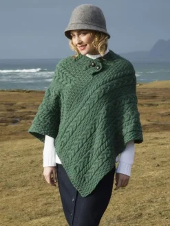 Ladies Aran Ponchos & Capes*Sweater Shop One Size Cable Knit Poncho with Buttons Green Marl