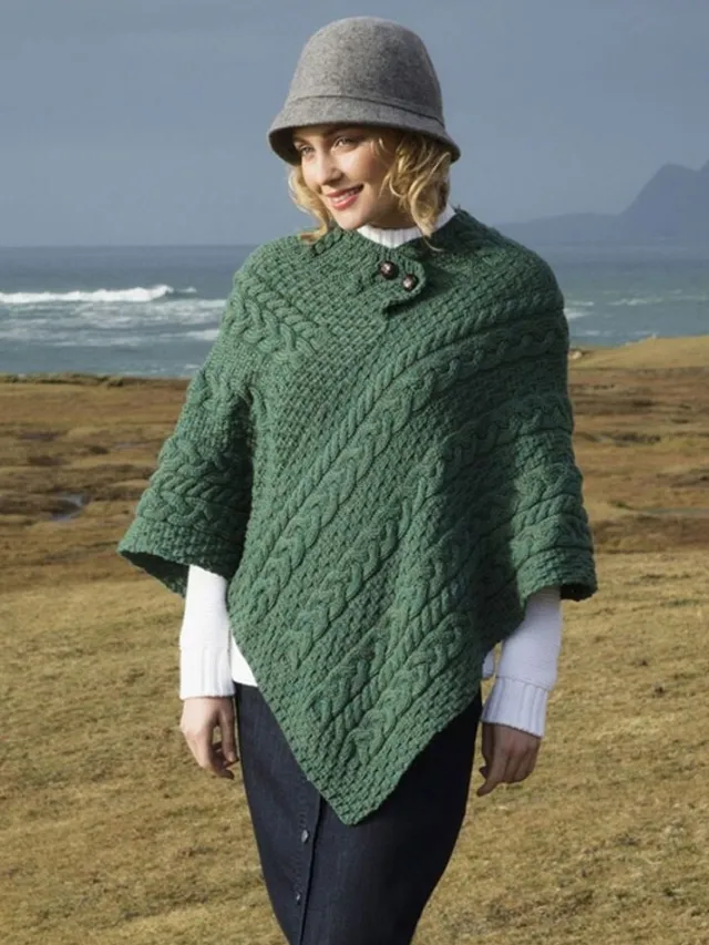 Ladies Aran Ponchos & Capes*Sweater Shop One Size Cable Knit Poncho with Buttons Green Marl