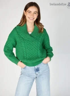 Womens Irish Knitwear*Sweater Shop Oversized Shawl Collar Sweater Green Marl