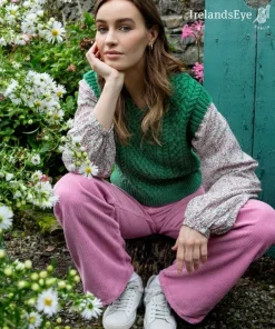 Womens Irish Knitwear*Sweater Shop Pansy V Neck Aran Vest Green Marl