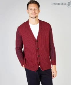 Mens Aran Cardigans|Mens Fisherman Sweaters*Sweater Shop Pinstripe Cardigan Sunrise Red