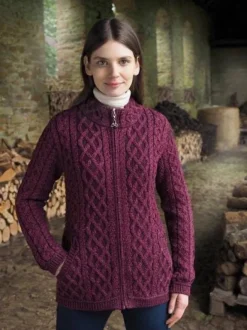 Womens Irish Knitwear|Ladies Cardigans*Sweater Shop Plaited Zip Cardigan Purple
