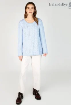 Womens Irish Knitwear*Sweater Shop Primrose Aran Sweater Ice Blue