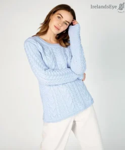 Womens Irish Knitwear*Sweater Shop Primrose Aran Sweater Ice Blue