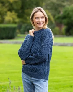 Womens Irish Knitwear|Womens Aran Fisherman Sweaters*Sweater Shop Pure Wool Aran Sweater Denim