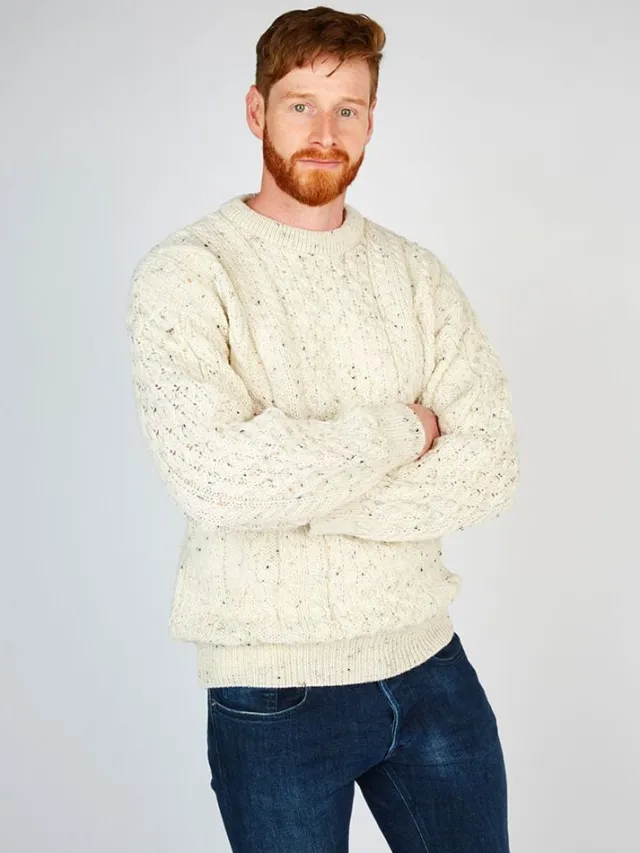 Mens Fisherman Sweaters|Mens Knitwear*Sweater Shop Pure Wool Aran Sweater Natural Fleck
