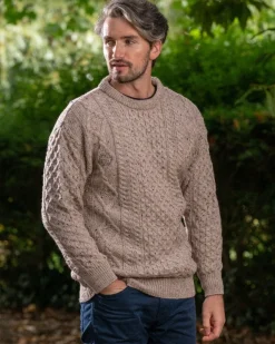 Mens Fisherman Sweaters|Mens Knitwear*Sweater Shop Pure Wool Unisex Aran Sweater Oatmeal Fleck