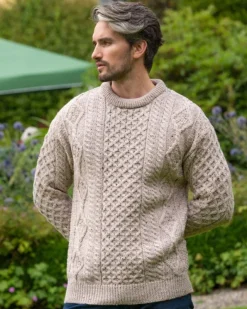 Mens Fisherman Sweaters|Mens Knitwear*Sweater Shop Pure Wool Unisex Aran Sweater Oatmeal Fleck