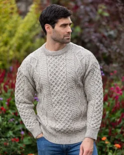 Mens Fisherman Sweaters|Mens Knitwear*Sweater Shop Pure Wool Unisex Aran Sweater Oatmeal Fleck