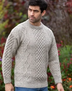 Mens Fisherman Sweaters|Mens Knitwear*Sweater Shop Pure Wool Unisex Aran Sweater Oatmeal Fleck