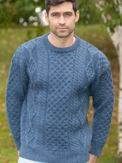 Mens Fisherman Sweaters|Mens Knitwear*Sweater Shop Pure Wool Unisex Aran Sweater Denim