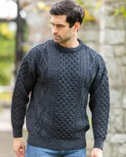 Mens Fisherman Sweaters|Mens Knitwear*Sweater Shop Pure Wool Unisex Aran Sweater Charcoal