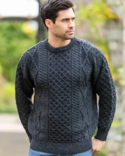 Mens Fisherman Sweaters|Mens Knitwear*Sweater Shop Pure Wool Unisex Aran Sweater Charcoal