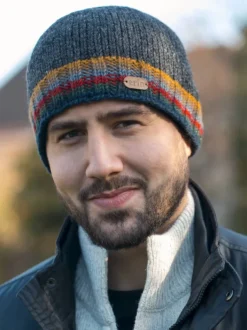 Mens Caps*Sweater Shop Rib Pullon Hat Charcoal with yellow/red band