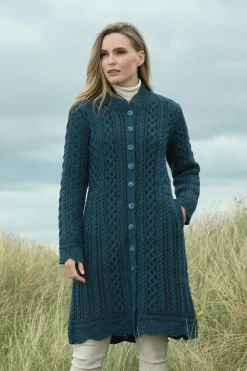 Womens Irish Knitwear|Ladies Cardigans*Sweater Shop Scallop Edge Coat-Mallard Blue